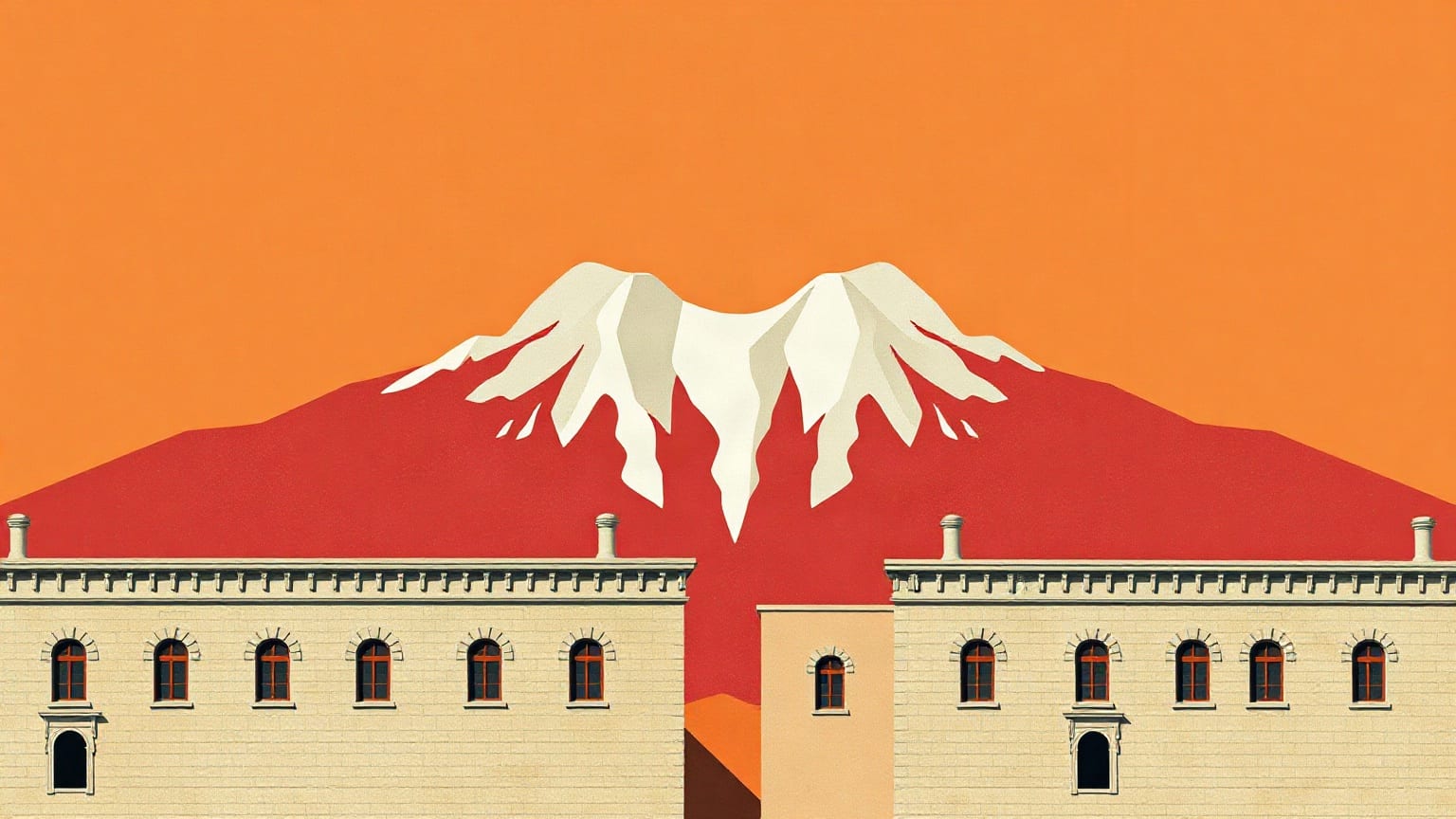 Cut-paper illustration: a snow-capped mountain above a long two-storey stone building with arched windows.