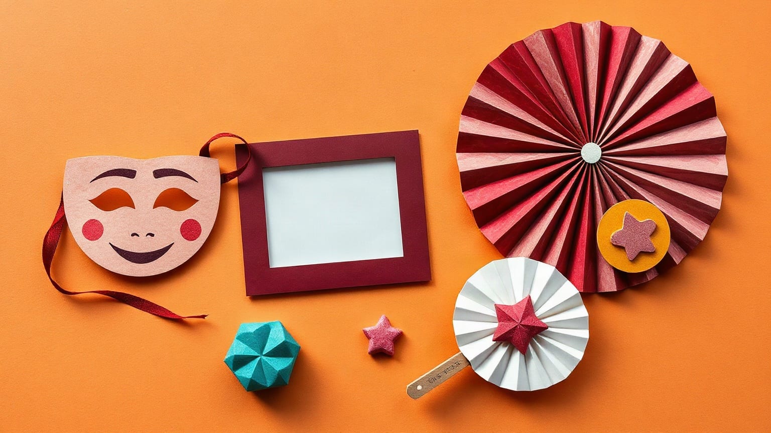 Paper theatre mask, folded fans and small star badges on a warm orange ground