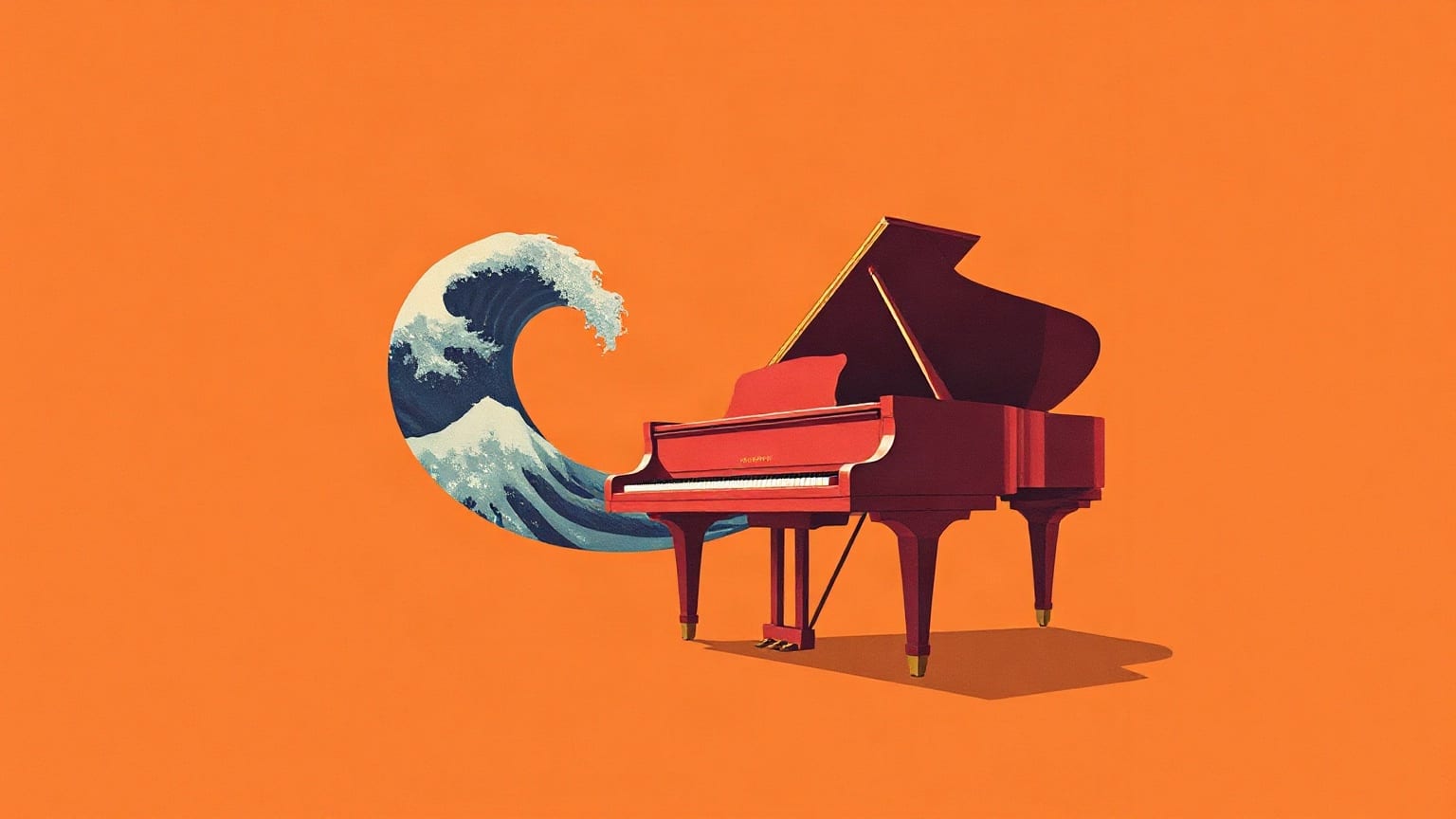 A red grand piano with its lid raised and a curling sea wave rising behind it