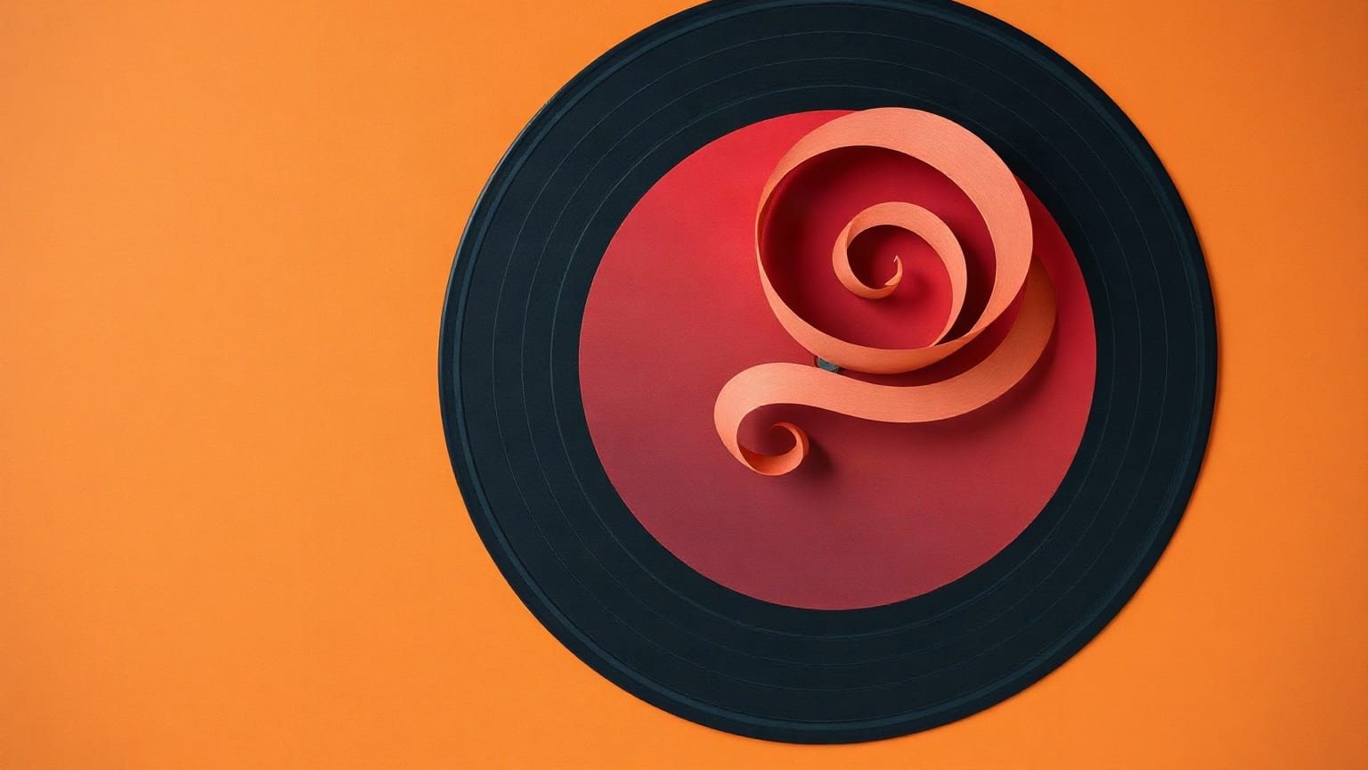 A black vinyl record with a paper ribbon curling up from its red centre
