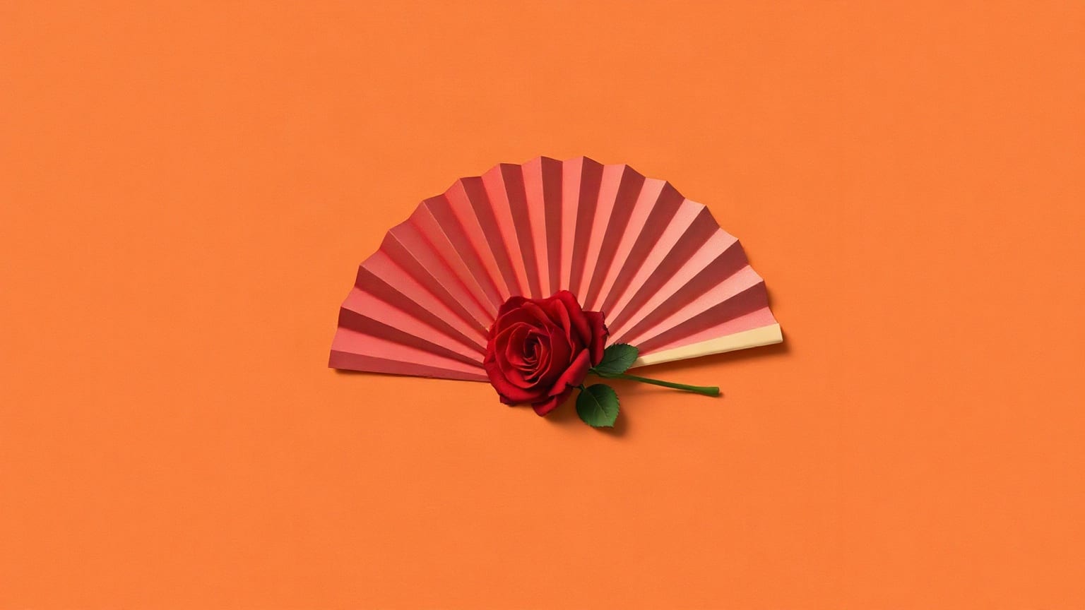 A red rose on an open paper fan, on an orange ground