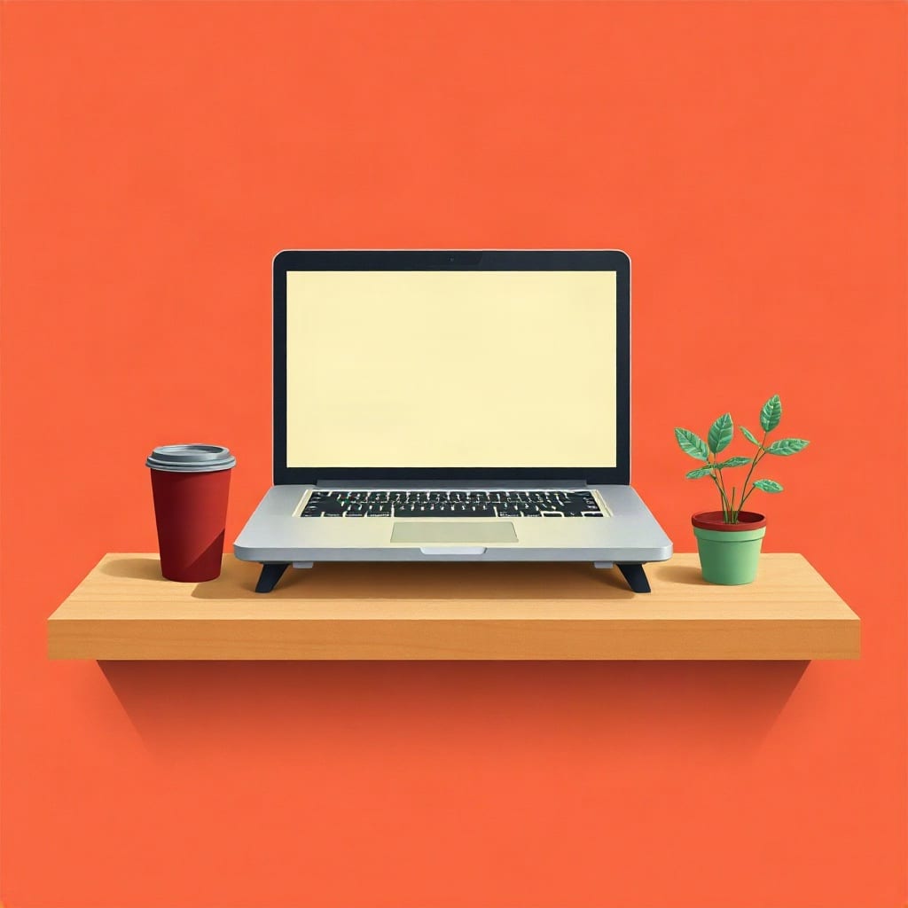An open laptop with a blank pale yellow screen on a wooden shelf, a red coffee cup on one side and a potted plant on the other, against a bright orange-red wall