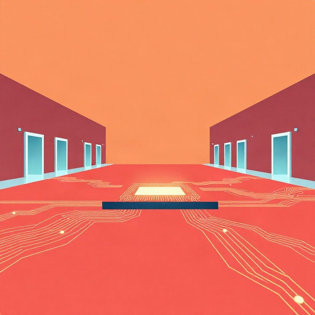 A glowing microchip on the red floor of an exhibition hall, golden circuit lines running from it towards empty stands on either side