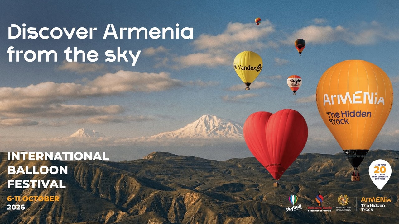 Discover Armenia from the Sky festival poster with colourful balloons flying over Mount Ararat