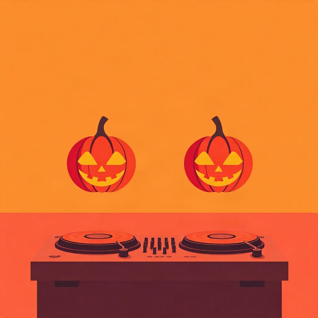 Two identical pumpkin lanterns above a DJ's decks, against an orange ground