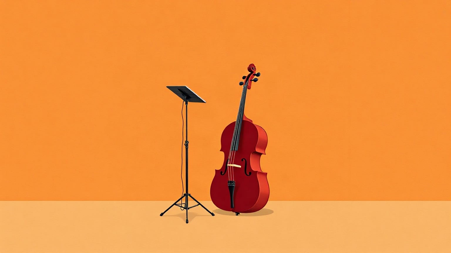 A red cello standing beside a music stand on an apricot ground