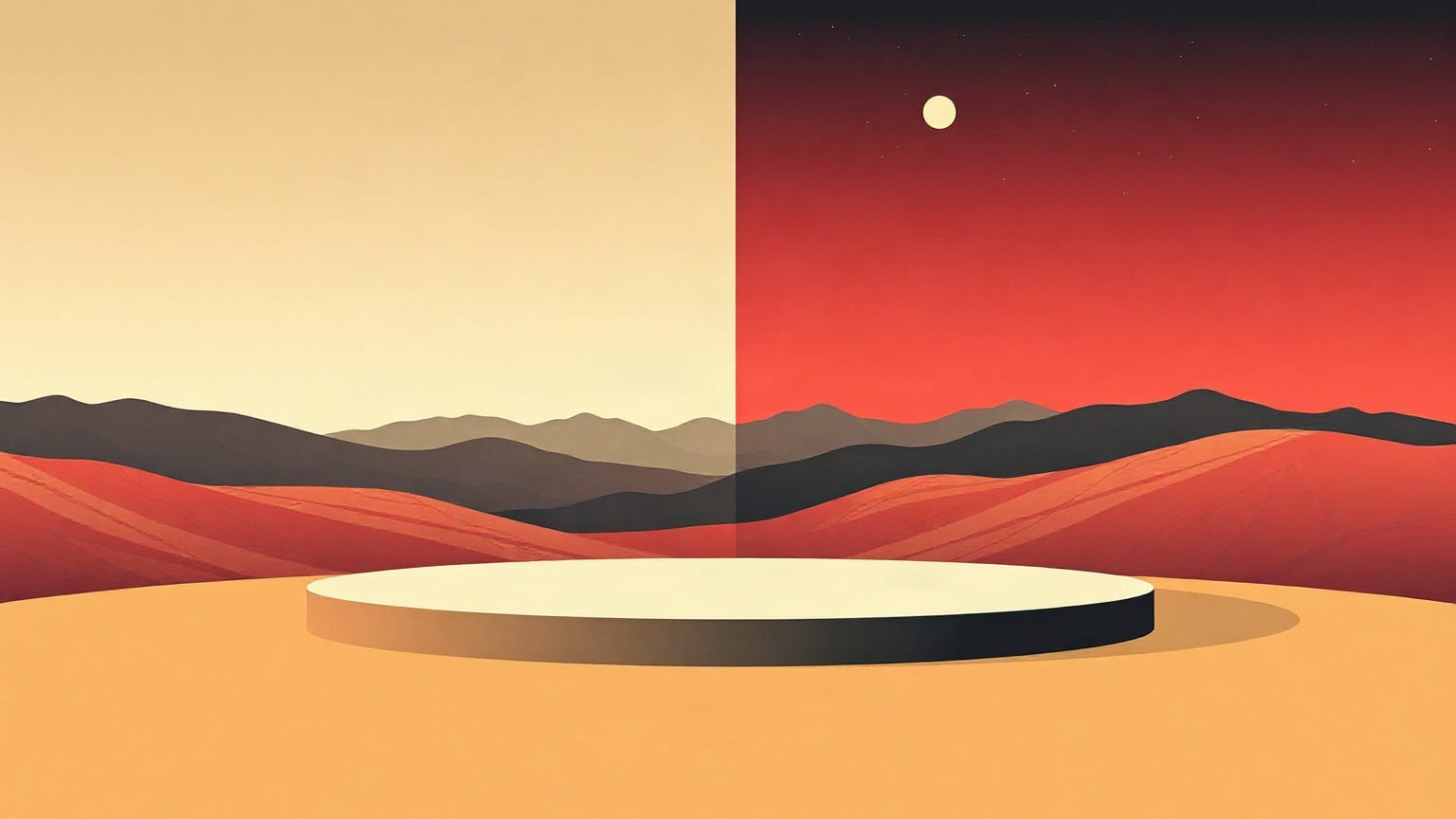 A round platform among the hills under a sky split into a day half and a night half with a moon