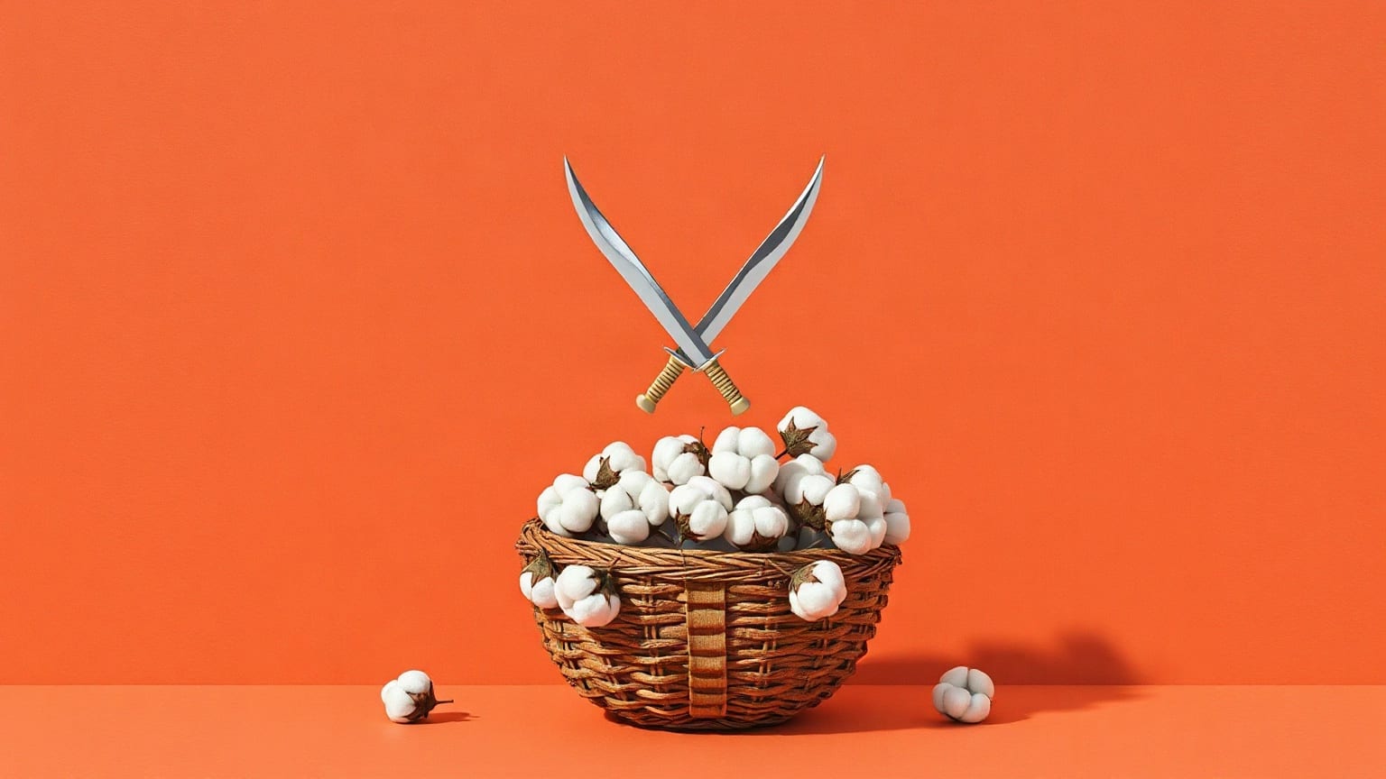Two crossed sabres above a woven basket full of cotton bolls