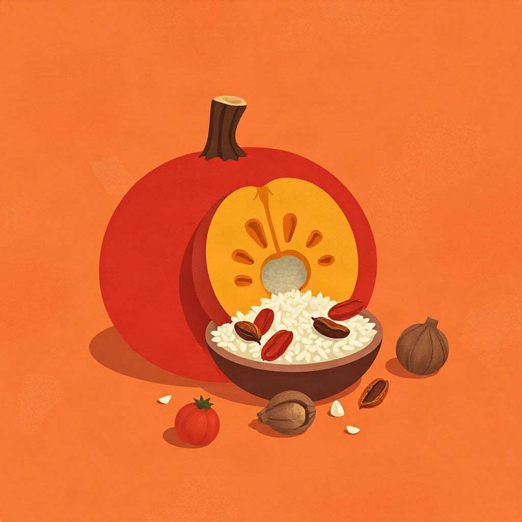 A round pumpkin with a slice cut away, a clay bowl of rice and dried fruit beside it and a few walnuts around