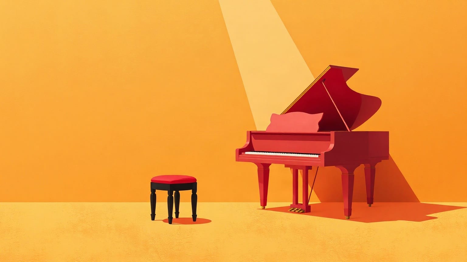 A red grand piano with its lid raised beside an empty stool, under a shaft of light on an apricot ground