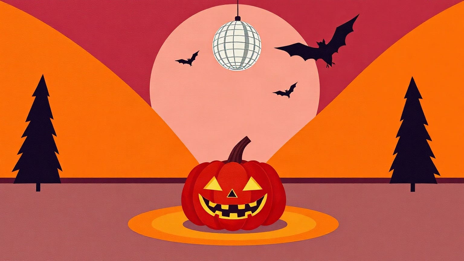 A carved pumpkin on a dance floor, with a mirror ball and bats above it
