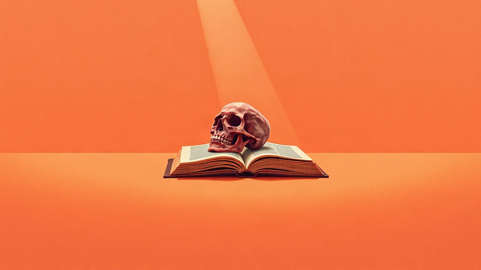 A skull on an open book on a bare stage, under a shaft of light