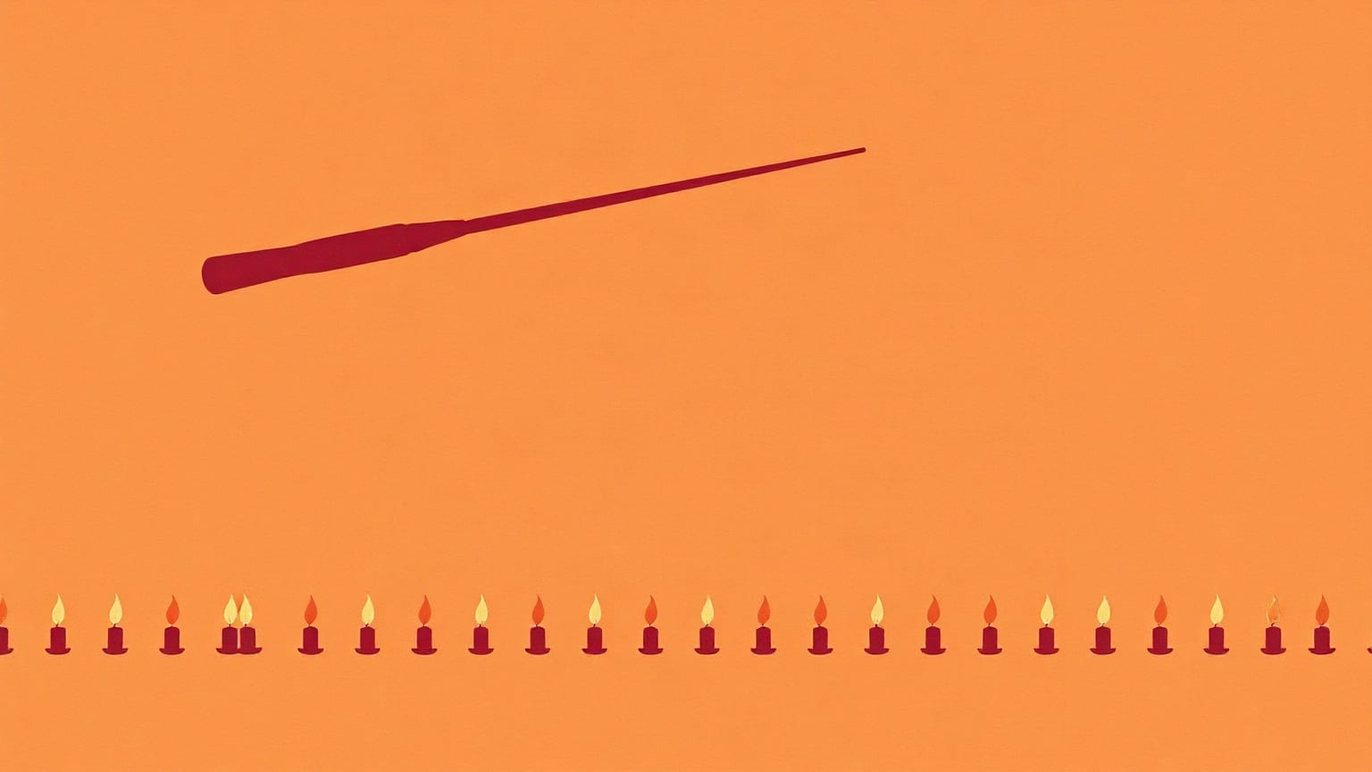 A conductor's baton laid on a diagonal above a long row of small candles