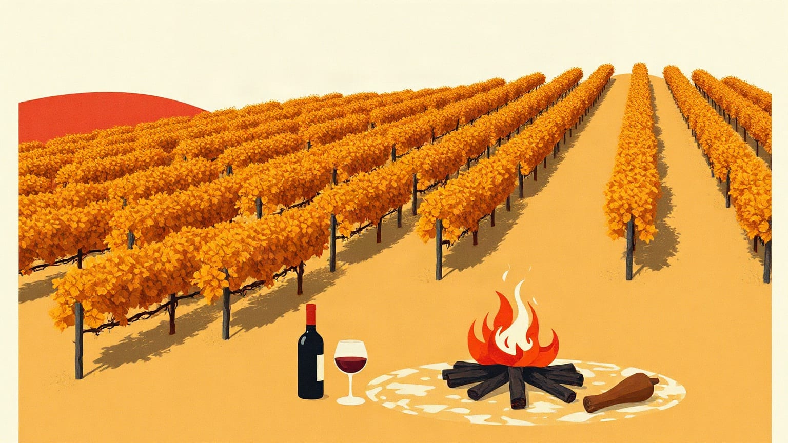 Rows of golden autumn vines, with a wine bottle, a glass and a bonfire in front