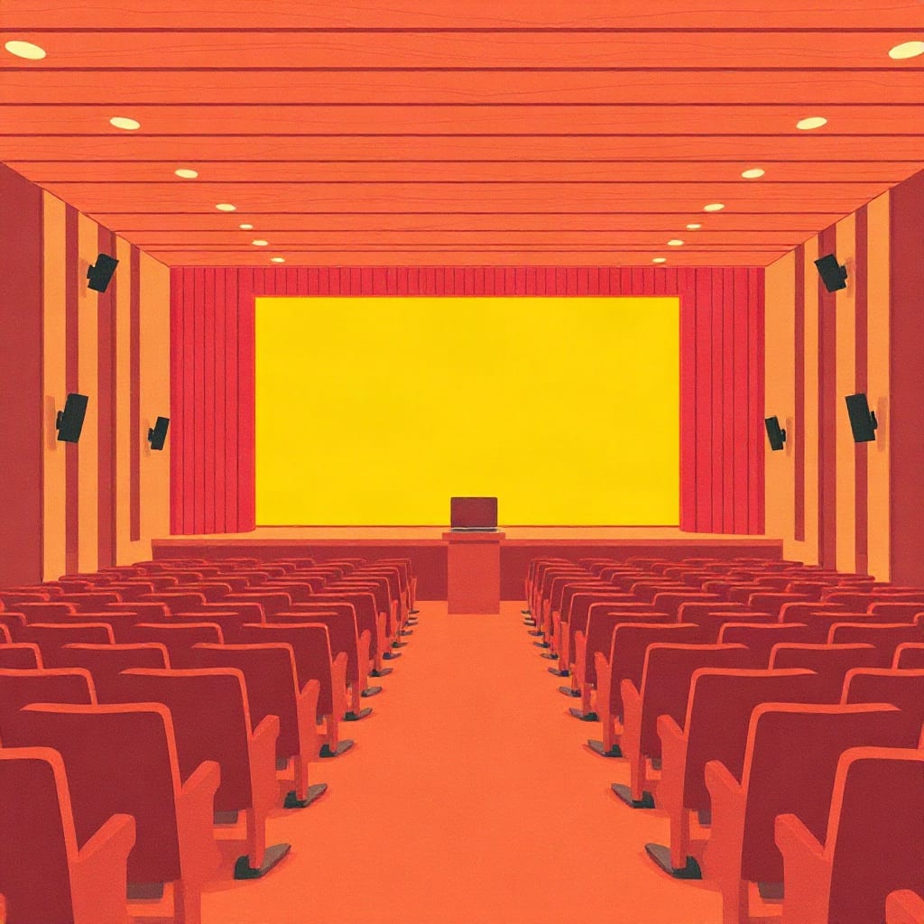 A lecture hall seen from the back, rows of empty red seats either side of an aisle leading to a small stage with a lectern and a laptop, a wide blank yellow screen between red curtains