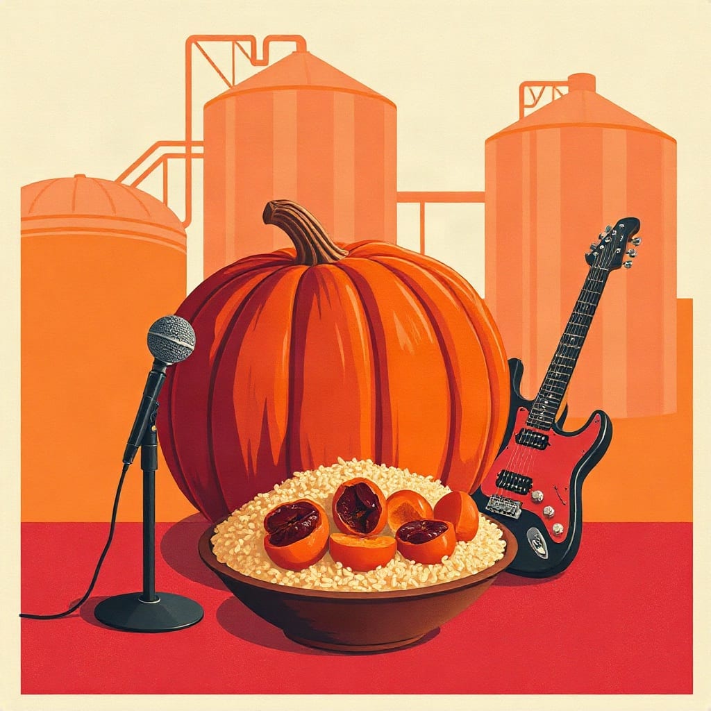 A baked pumpkin beside a bowl of rice and dried apricots, a microphone on one side and an electric guitar on the other, copper brewing tanks behind