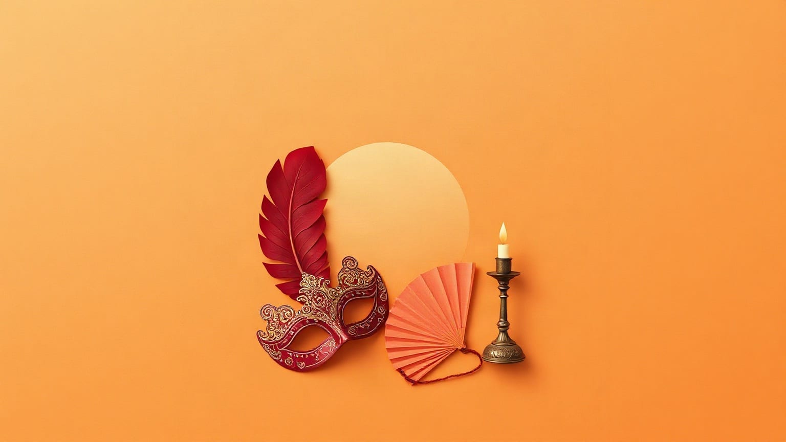 A red-and-gold masquerade mask and a red feather beside a pink fan and a lit candle in its stick, a pale sun disc behind them