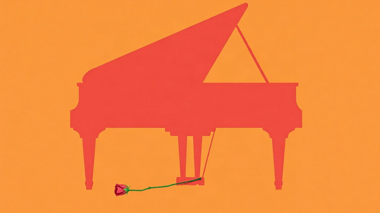 The silhouette of a grand piano with its lid raised and a single rose lying at its feet