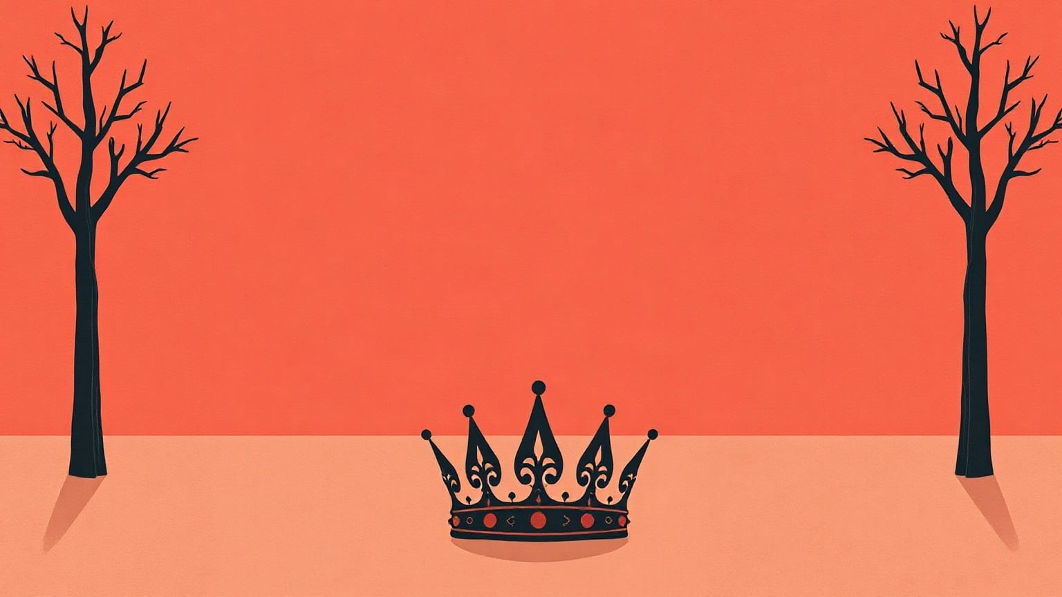A dark crown on a bare stage between two leafless trees, on a coral ground