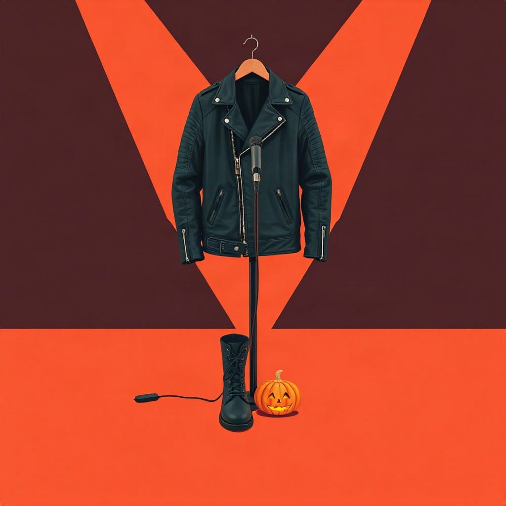 A black leather jacket hanging from a microphone stand, with a heavy black boot and a small carved pumpkin below it