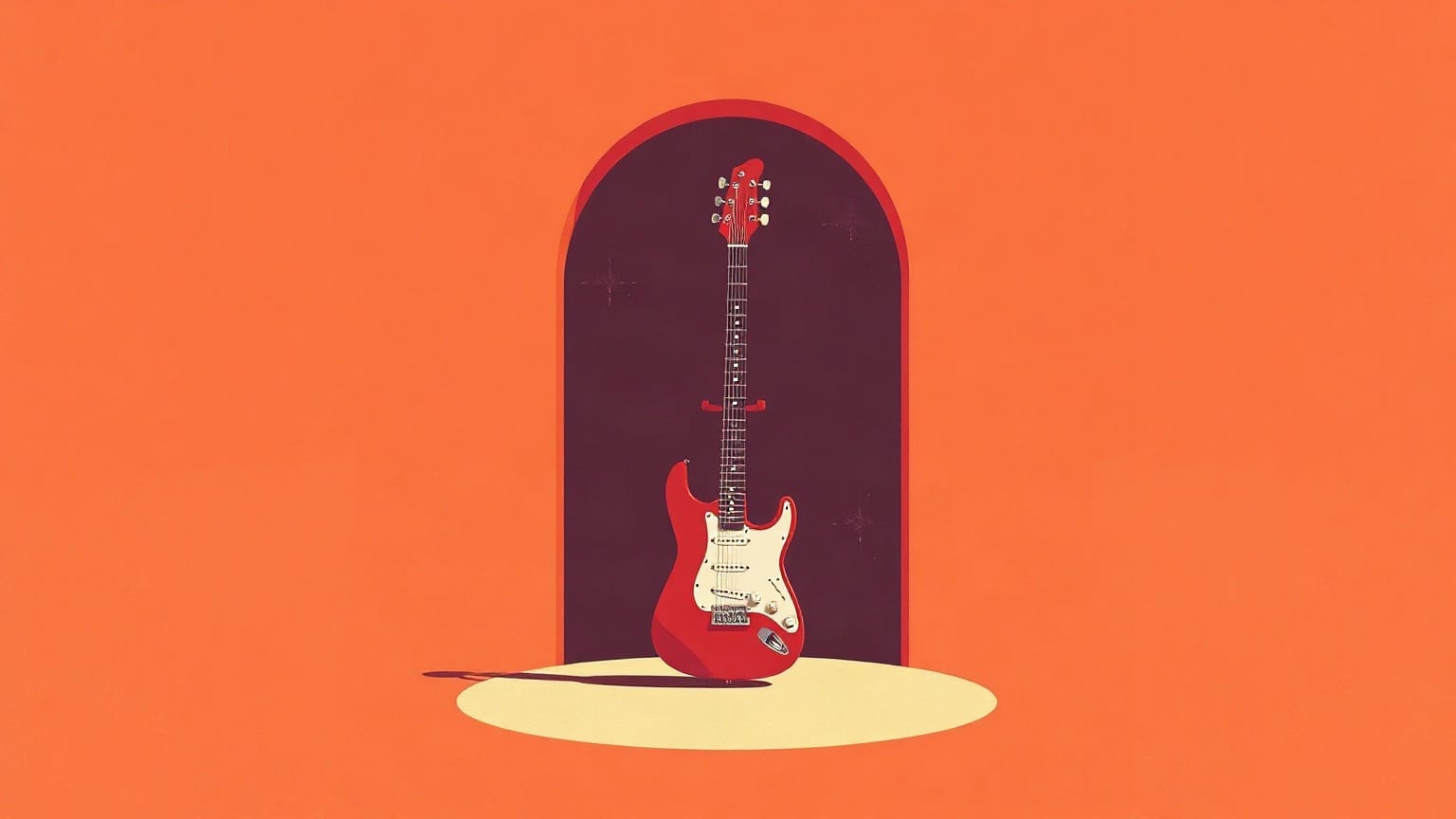 A red electric guitar standing on an empty stage before an arched doorway