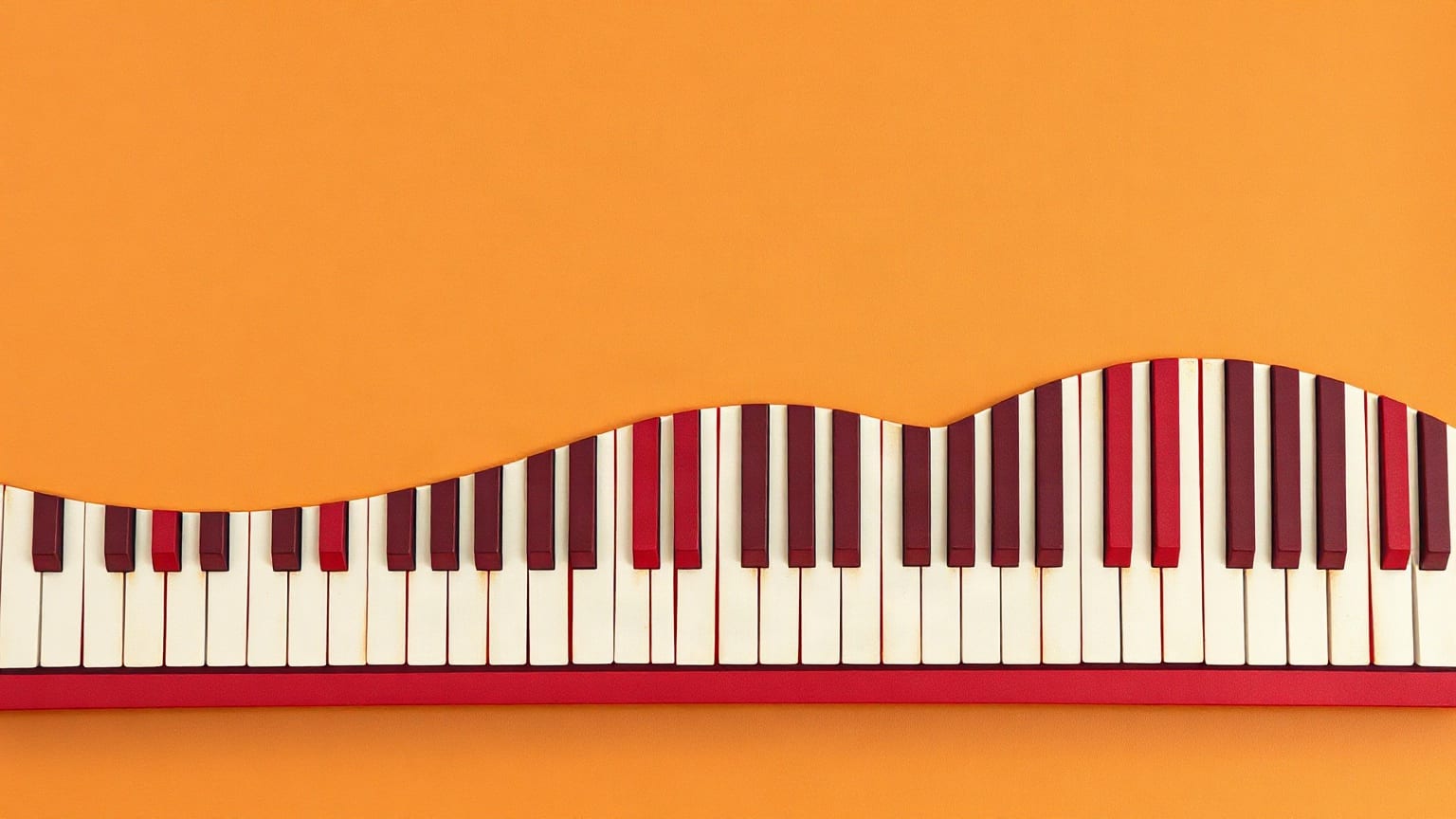 A long band of piano keys rising and falling like a wave across an apricot ground