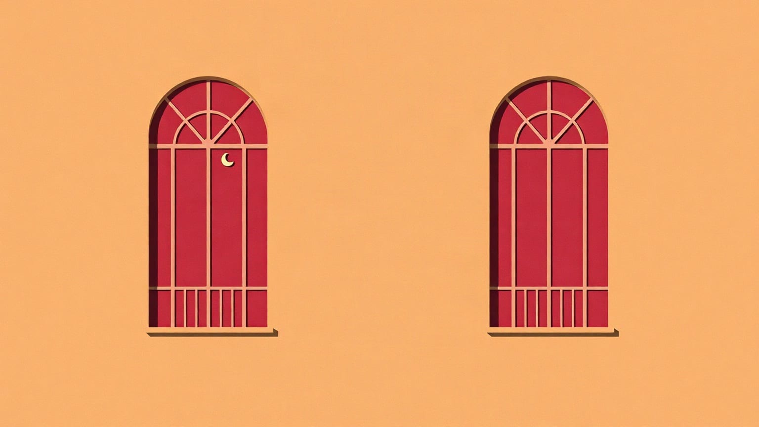 Two tall arched windows facing each other, a small crescent moon in one of them