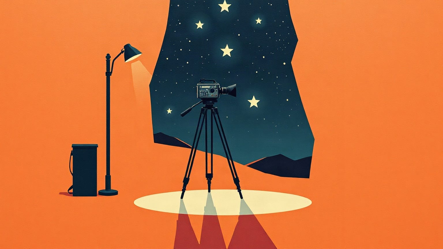 An old film camera on a tripod beside a streetlamp, under a starry sky