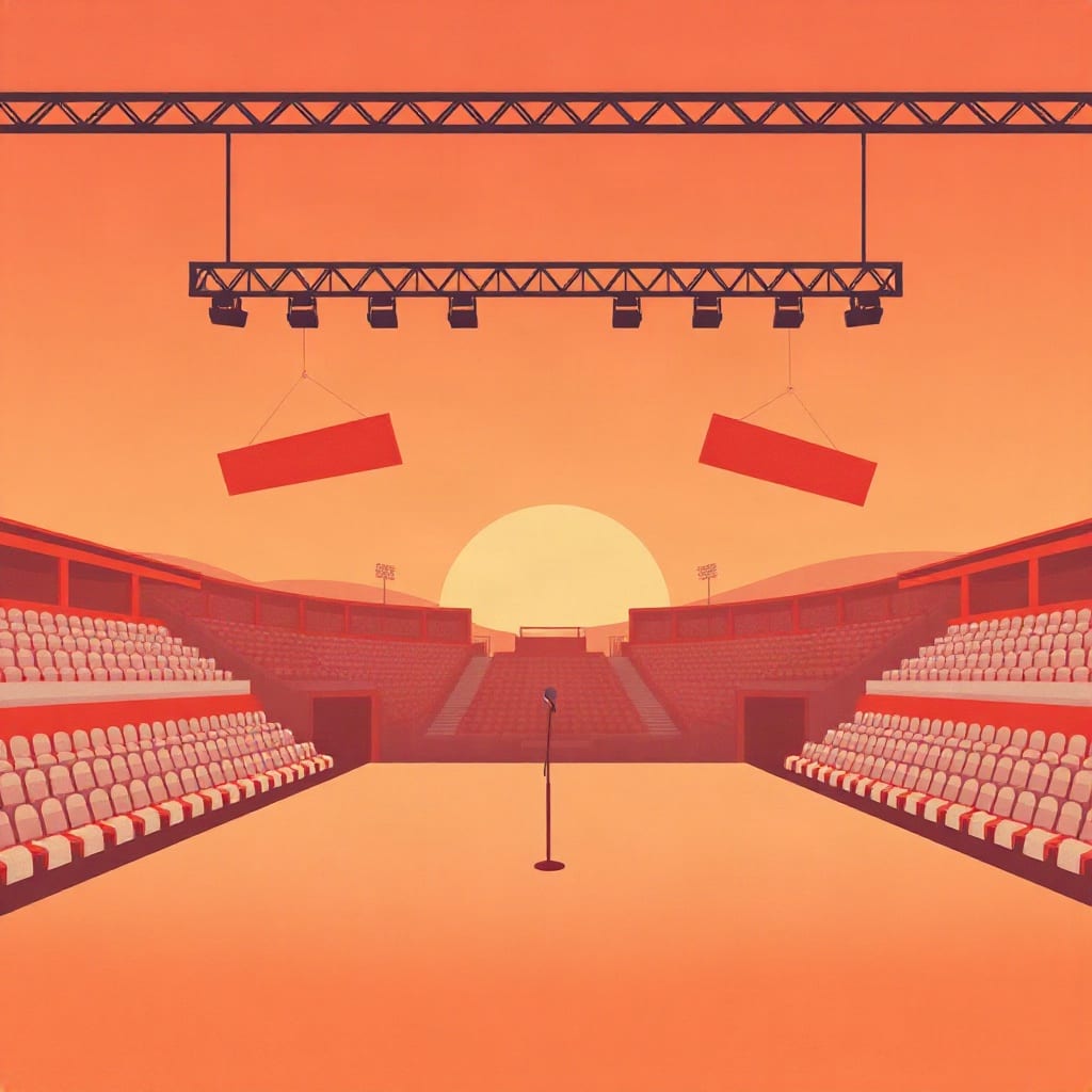 An empty stadium at sunset, a single microphone stand in the middle of the bare floor, stage lights and two blank red banners hanging from a truss above, rows of empty seats on both sides