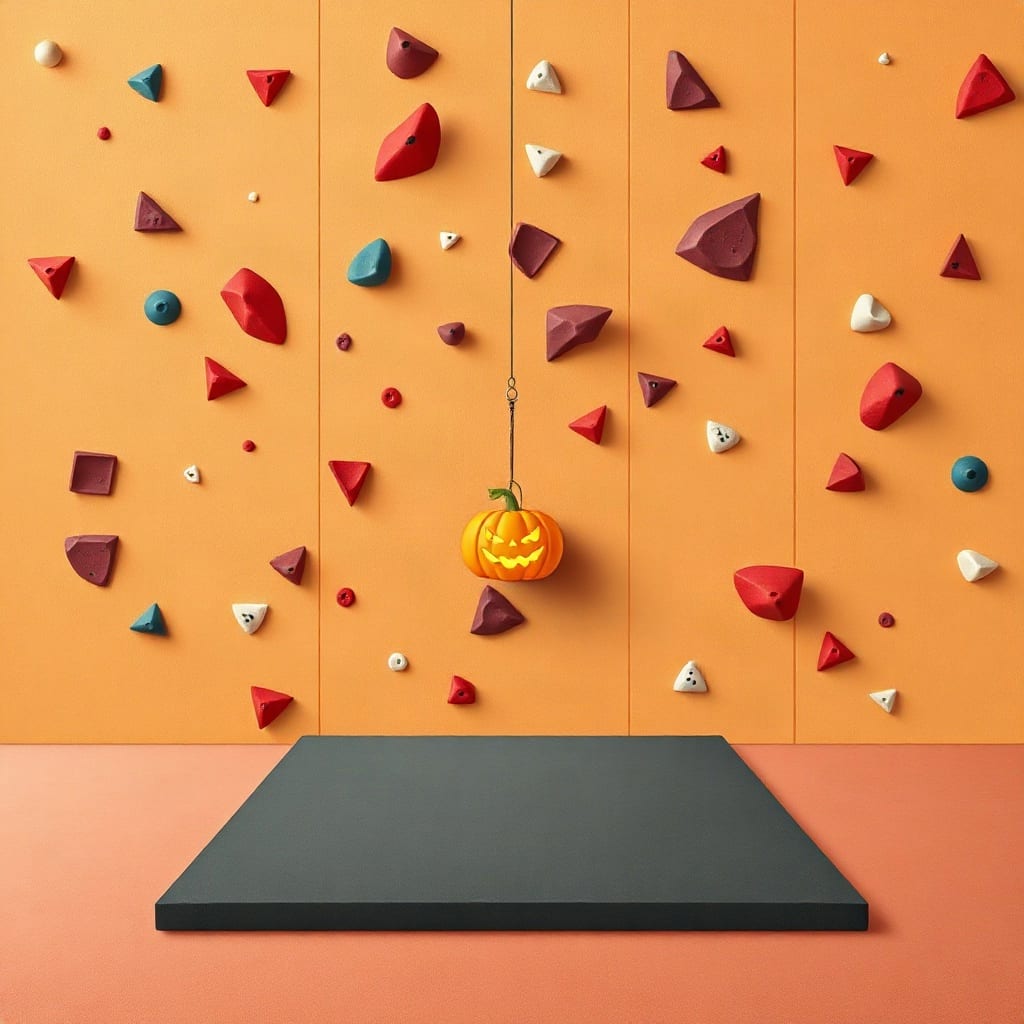 A pumpkin lantern hanging on a rope among the coloured holds of a climbing wall, with a crash mat below