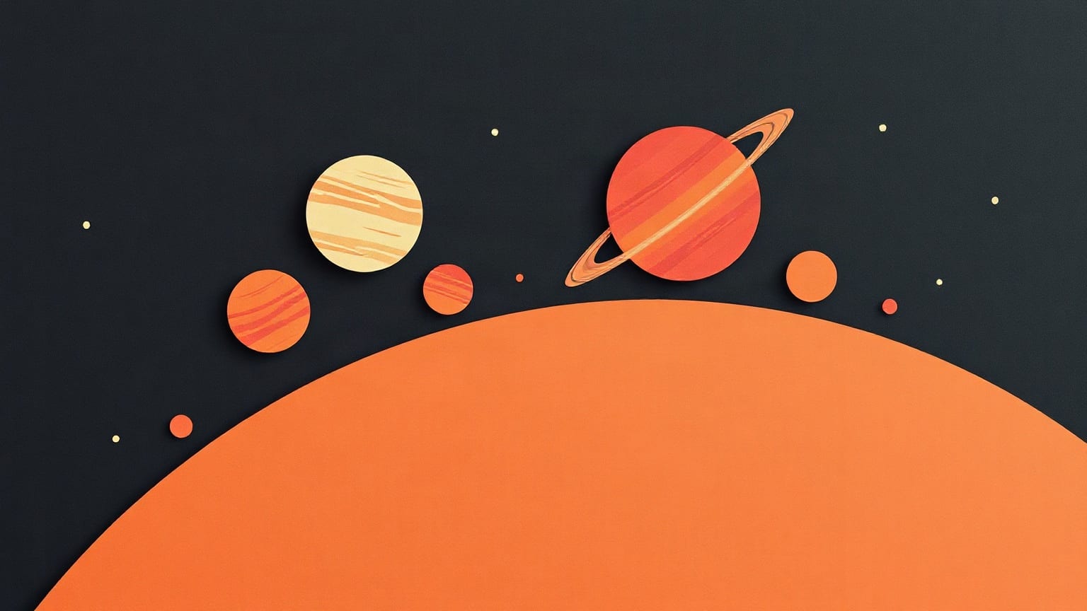 Planets of different sizes in an arc across a night sky, one of them ringed