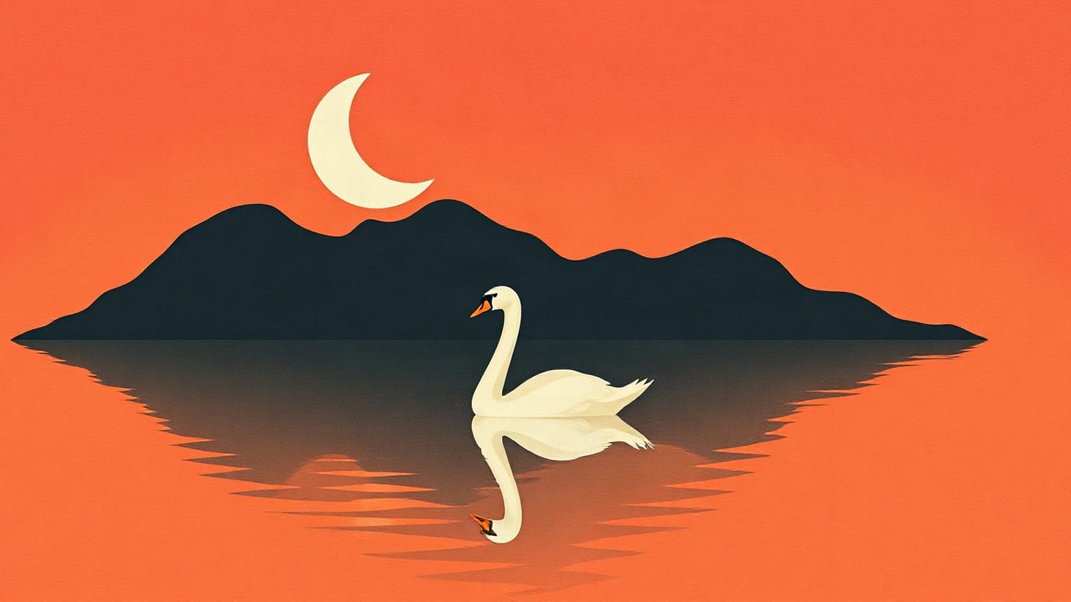 A white swan on a dark lake beneath a crescent moon, its reflection in the water