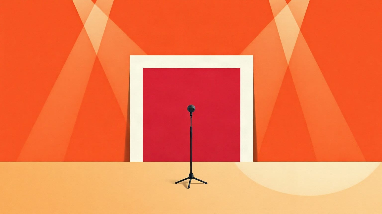 A microphone at the centre of an empty stage under a red backdrop and spotlight beams