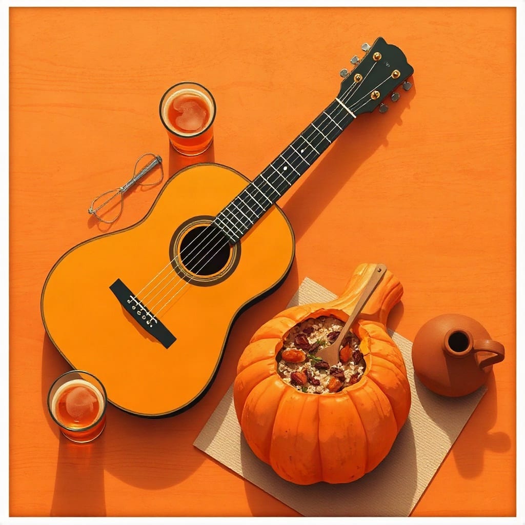 An acoustic guitar on a table beside a pumpkin stuffed with rice and dried fruit, a wooden spoon in it, two glasses of beer and a clay jug, on an orange ground
