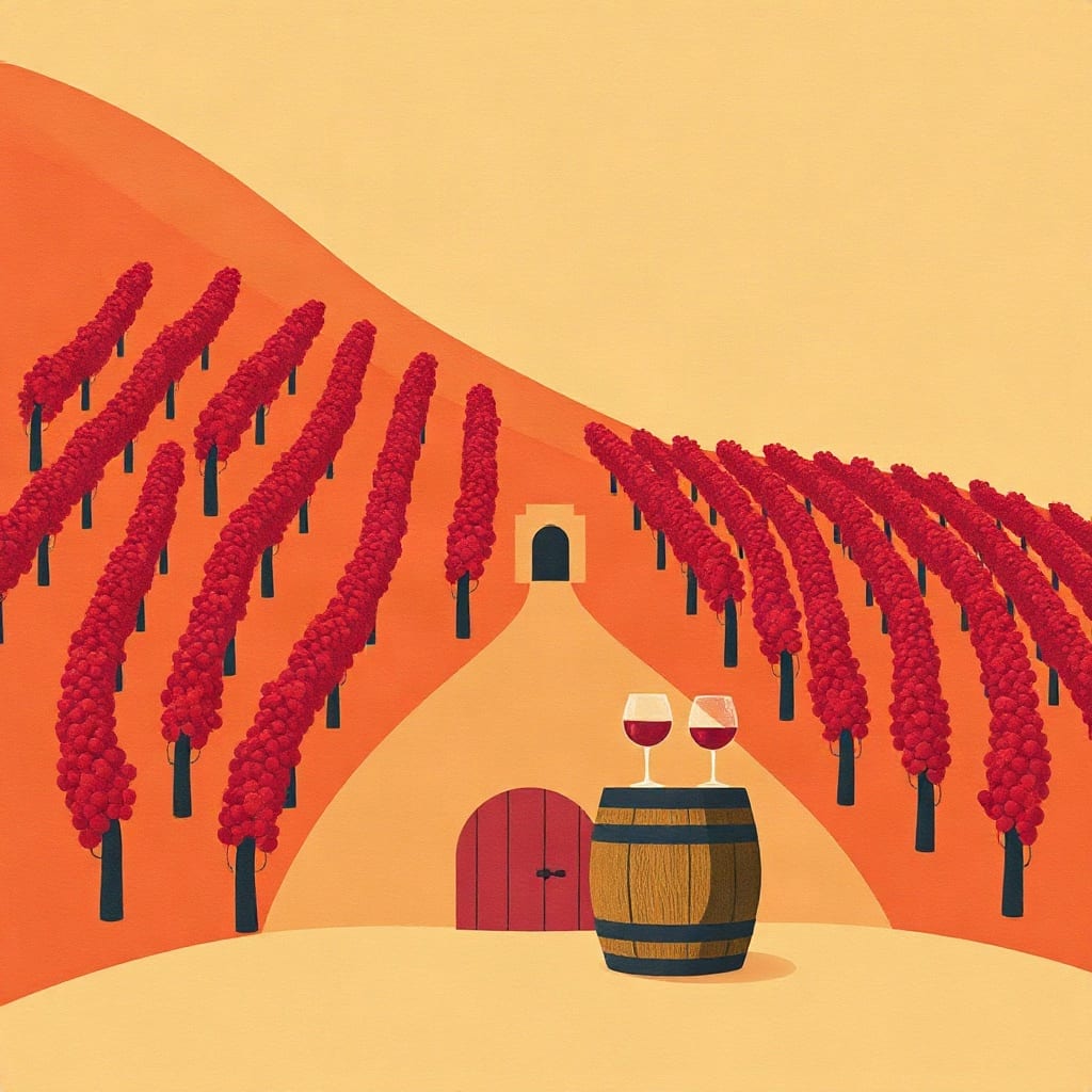 Rows of red vines climbing an orange hillside, a small cellar door, and a barrel with two glasses of wine on it