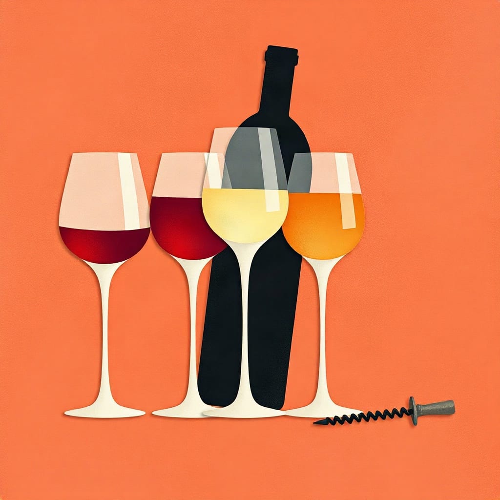 Four wine glasses holding red, red, white and amber wine, a dark bottle behind them and a corkscrew alongside, on a coral ground