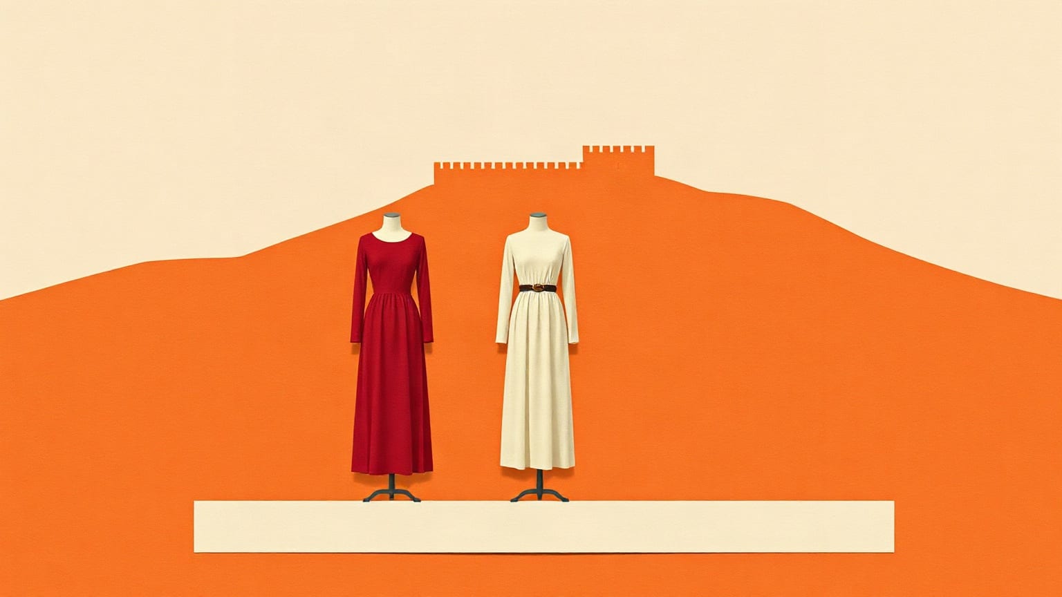 Two dresses on dress forms, one red and one cream, before an ancient fortress wall on a hill