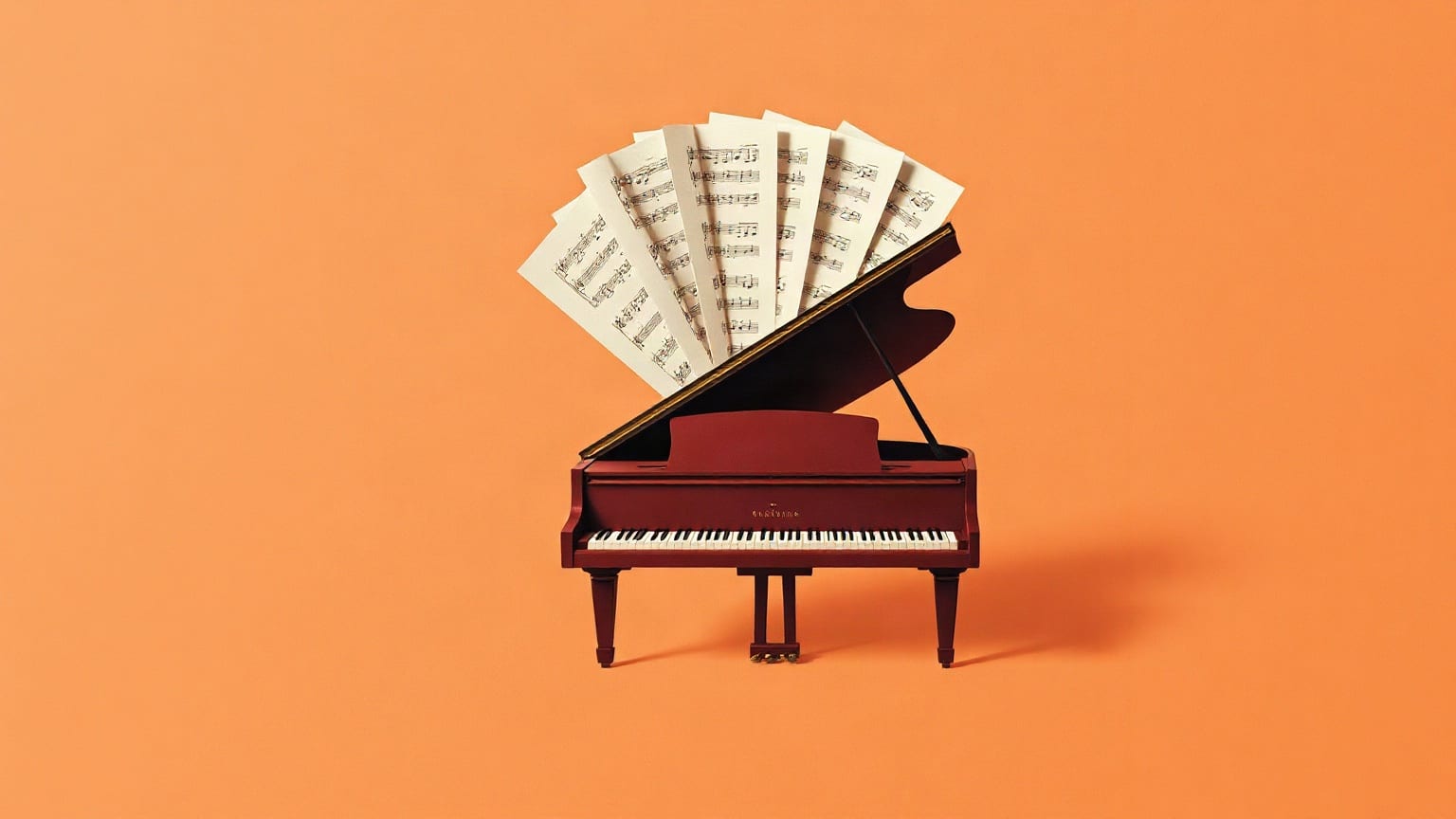A grand piano with sheets of music fanning up from it
