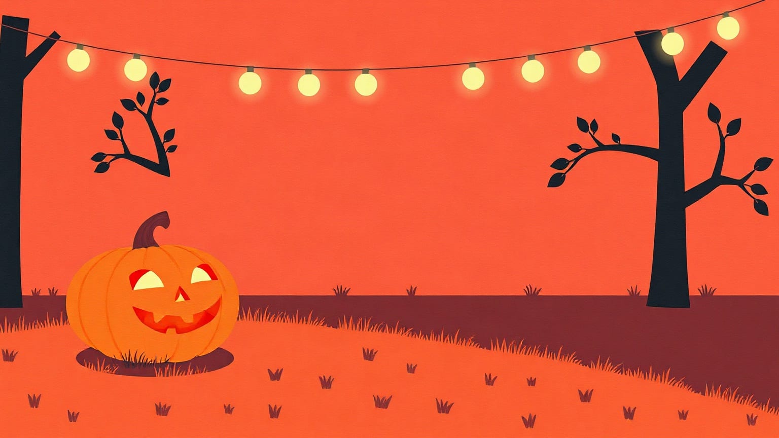 A glowing carved pumpkin on the grass beneath a string of lights hung between two trees
